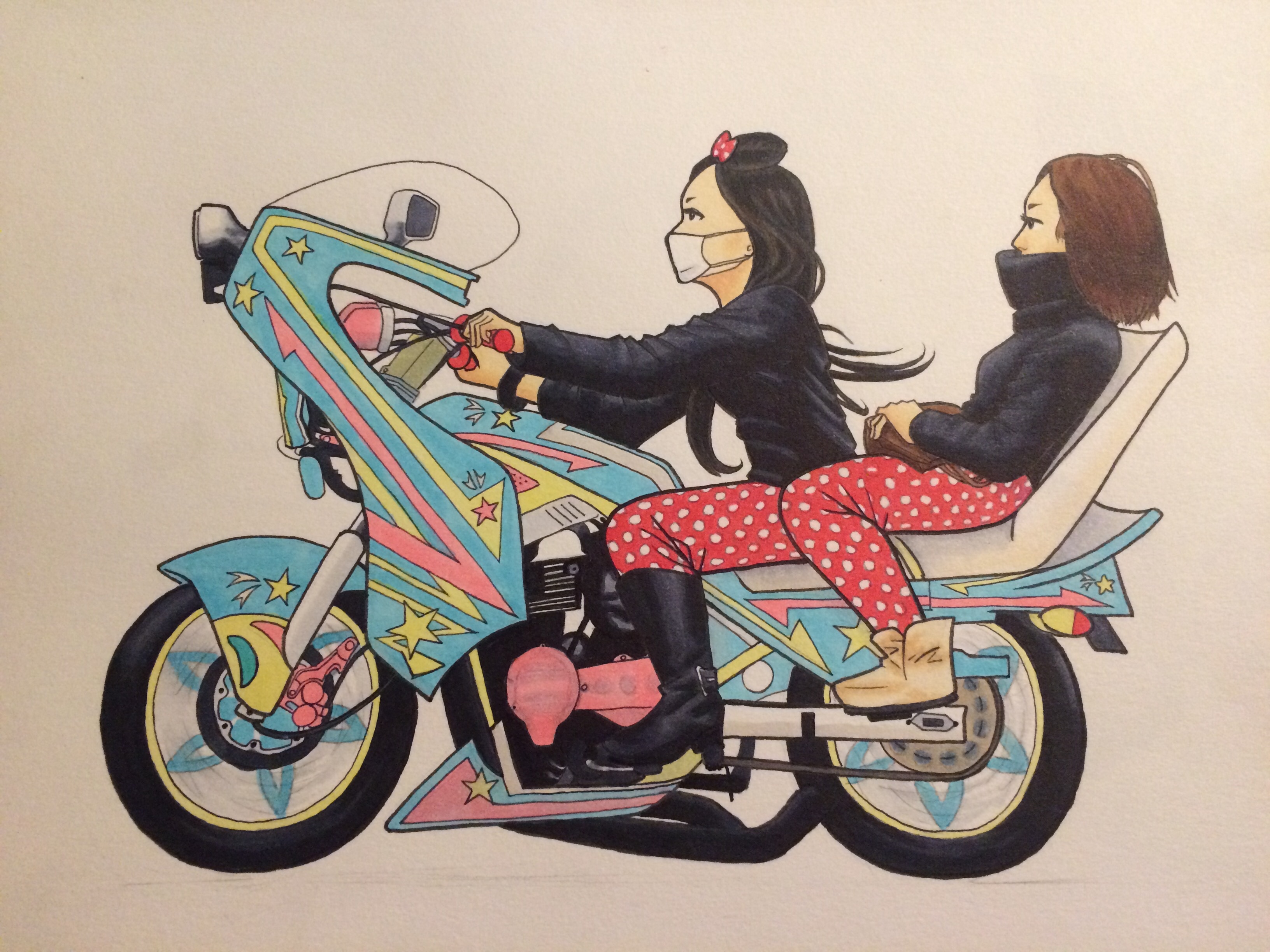 A drawing in markers of two women riding a motorcycle.